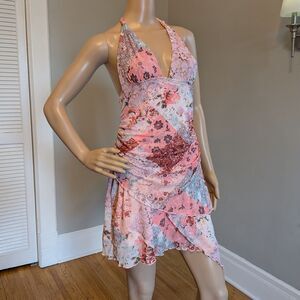 Shein Halter Mini Dress Mesh Fairycore Pastel Floral Paisley Y2K Style Size M